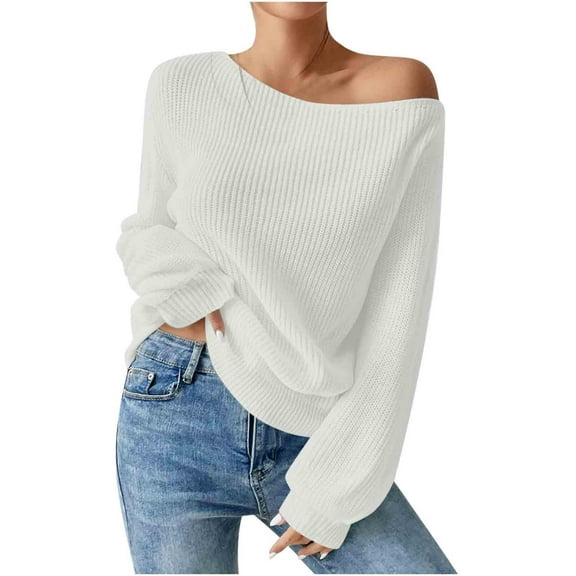 Rohuuque Women's Off the Shoulder Sweater Long Sleeved Crew Neck Knitted Sweater Pullover Loose Fall Trendy Sweatshirts White