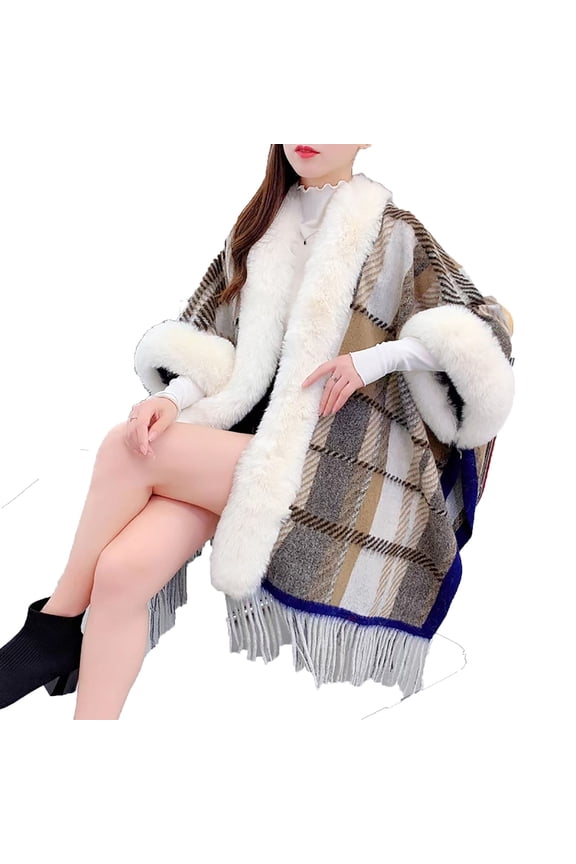 ZQUUVOU Women's Plaid Knit Cape Poncho with Fringe Trim Oversized Warm Winter Cape Gothic Bohemian Style Outerwear Khaki