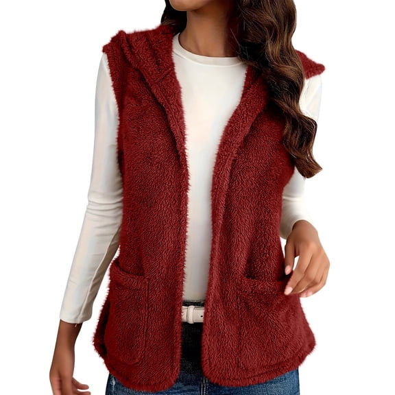 Rohuuque Women's Plush Fleece Jacket Vest Hooded Sleeveless Soft Open Front Cardigan Lightweight Fall Winter Outerwear with Pocket Red