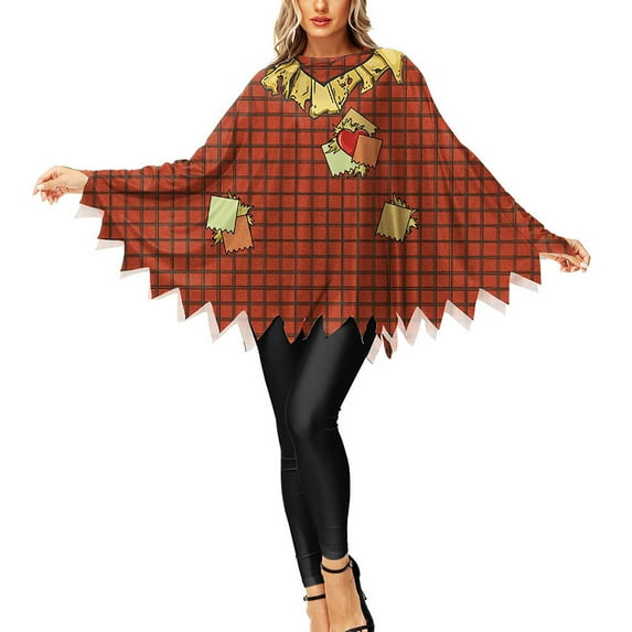 Rohuuque Women's Printed Cloak Vintage One Size Funny Print Poncho Party Cape Shawl Batwing Spider Web Party Outfits Brown