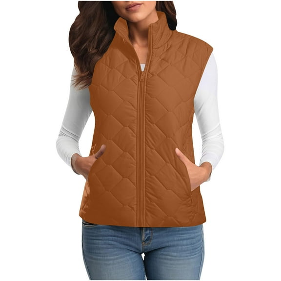 Rohuuque Women's Puffer Vest Lightweight Winter Warm Tops Sleeveless Zip Up Quilted Coat Stand Collar Gilet Jacket With Pockets Brown