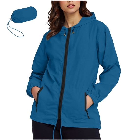 Rohuuque Women's Raincoats Lightweight Waterproof Jacket Zipper Jacket Hooded Rain Jacket with Pockets Packable Raincoat with Storage Bag Sky Blue