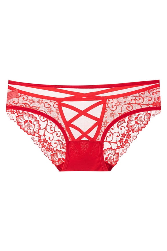 Women's Red Lace Briefs Sheer Panties Lace Mesh Cut Out Breathable Cotton Lined Low Rise Cheeky Underwear Red