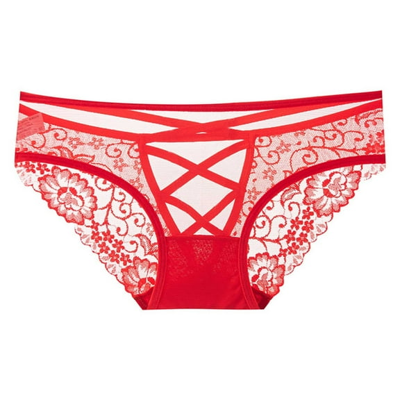Rohuuque Women's Red Lace Briefs Sheer Panties Lace Mesh Cut Out Breathable Cotton Lined Low Rise Cheeky Underwear Red