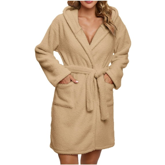 Rohuuque Women's Robes with Hood Bear Ear Casual Solid Bathrobes Loose Pocket Robes Duoble Side Velvet Sleepwear Dress Nightgowns Khaki