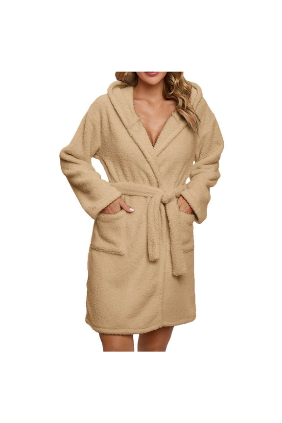 Women's Robes with Hood Bear Ear Casual Solid Bathrobes Loose Pocket Robes Duoble Side Velvet Sleepwear Dress Nightgowns Khaki