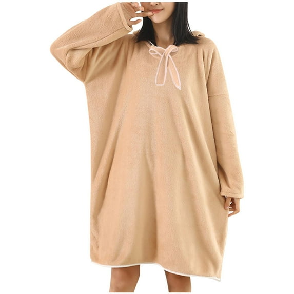 Rohuuque Women's Robes with Hood Fleece Soft Bathrobes Solid Color Long Sleeve Absorbent Quick Dry Couple Matching Loungewear Coffee