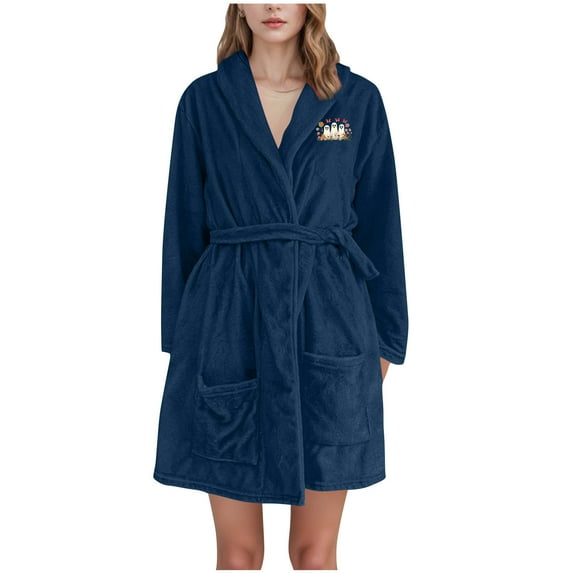 ZQUUVOU Women's Robes with Hood Lantern Printed Thickened Velvet Loungewear with Pocket Hooded Pajamas Bathrobes Navy A