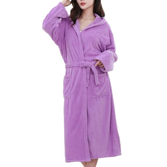 Rohuuque Women's Robes with Hood Solid Color Bathrobes Terry Cloth Hooded Bathrobe Absorbent Quick Dry with Pockets Spa Robes Purple