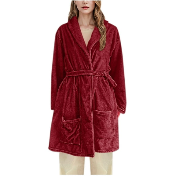 Rohuuque Women's Robes with Hood Thick Flannel Robe Long Hooded Bathrobe Plush Brushed Cotton Soft Cozy Sleepwear Night Dress Burgundy
