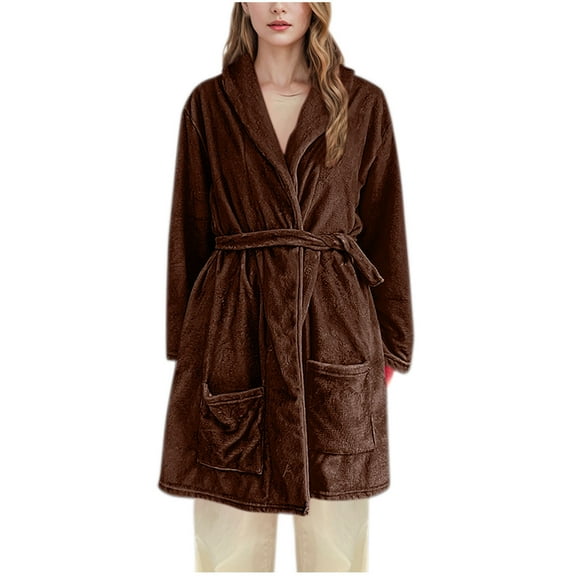 Rohuuque Women's Robes with Hood Thick Flannel Robe Long Hooded Bathrobe Plush Brushed Cotton Soft Cozy Sleepwear Night Dress Coffee