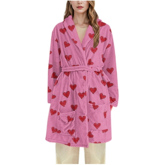 Rohuuque Women's Robes with Hood Thick Flannel Robe Long Hooded Bathrobe Plush Brushed Cotton Soft Cozy Sleepwear Night Dress Hot Pink B