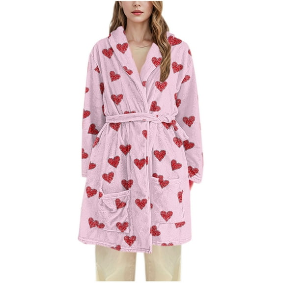 Rohuuque Women's Robes with Hood Thick Flannel Robe Long Hooded Bathrobe Plush Brushed Cotton Soft Cozy Sleepwear Night Dress Pink B