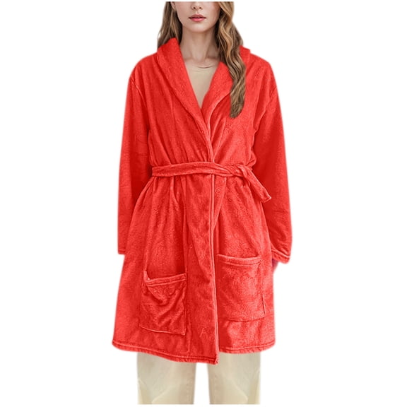 Rohuuque Women's Robes with Hood Thick Flannel Robe Long Hooded Bathrobe Plush Brushed Cotton Soft Cozy Sleepwear Night Dress Red
