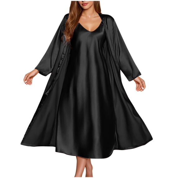 Rohuuque Women's Silk Robe Set Satin Nightwear Set Chemise with Lightweight Robe Flattering Loungewear Cami Sleepwear Sets Black