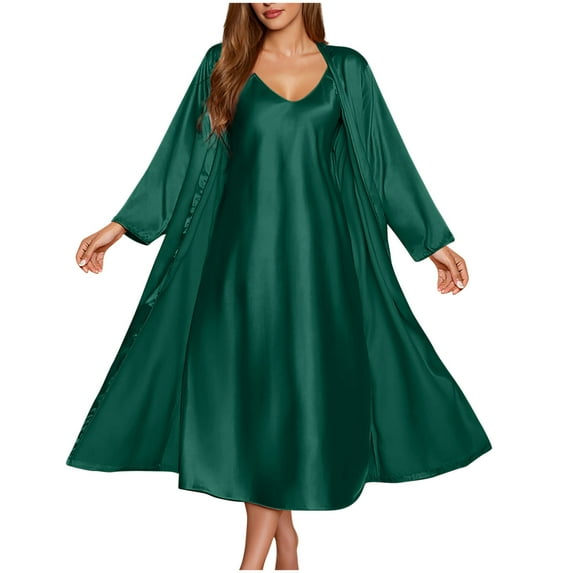 Rohuuque Women's Silk Robe Set Satin Nightwear Set Chemise with Lightweight Robe Flattering Loungewear Cami Sleepwear Sets Green