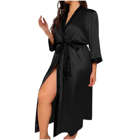 Rohuuque Women's Silk Robes Bride Robe Long Contrast Trim Tie Belt Open Front Lightweight Breathable Cover Up Loungewear Black
