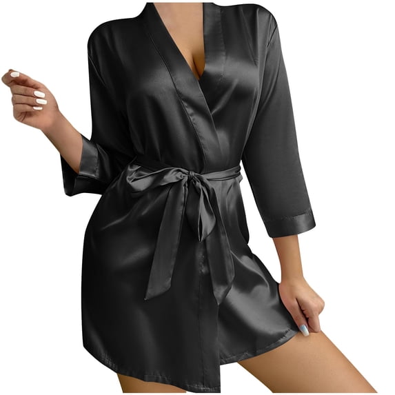 Rohuuque Women's Silk Satin Robes 3/4 Sleeve Open Front Belted Bride Robe Soft Comfortable Lightweight Breathable Lounge Wear Rose Gold