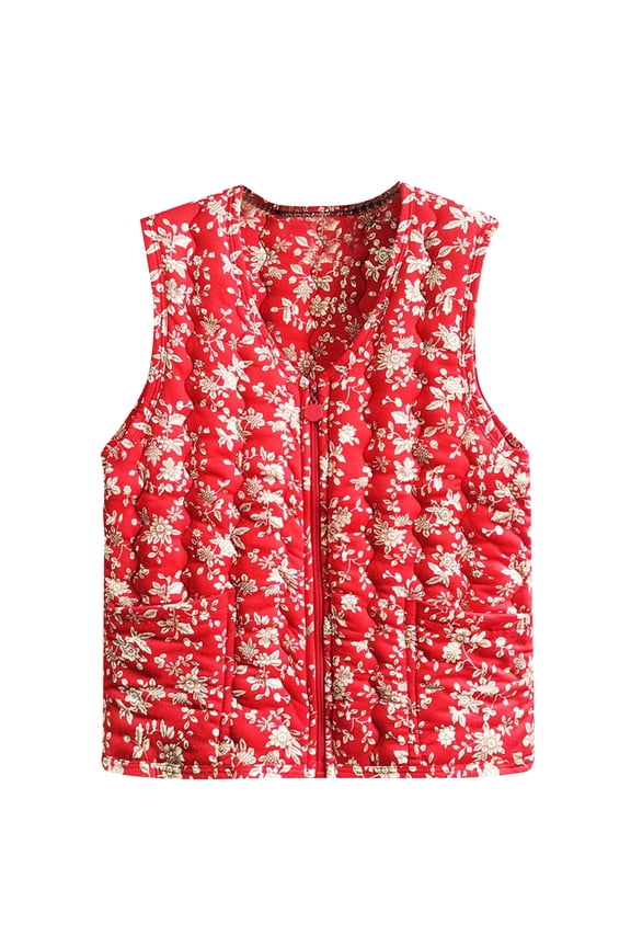 Women's Sleeveless Quilted Vest Jacket with Zip Front Hooded Cute Lightweight Padded Insulated Vest with Pockets Red