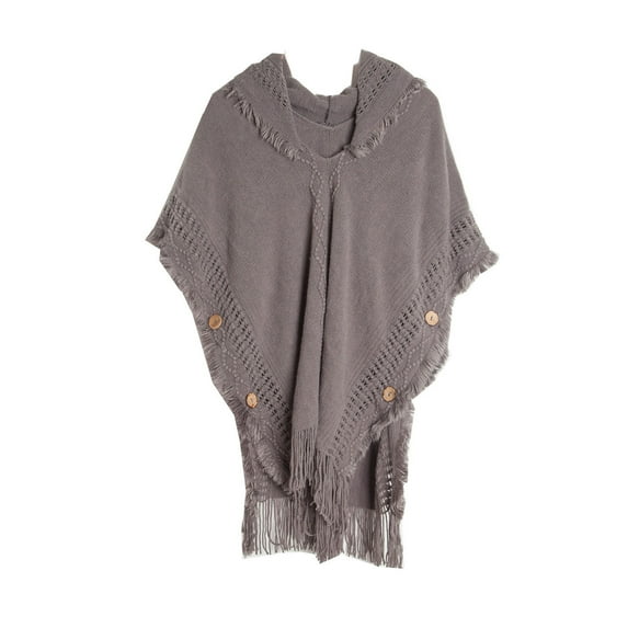 ZQUUVOU Women's Solid Color Shawl Fashion Fall Winter Plus Size Knitwear Button Hooded Cape Fringe Shawl Wraps Dark Gray