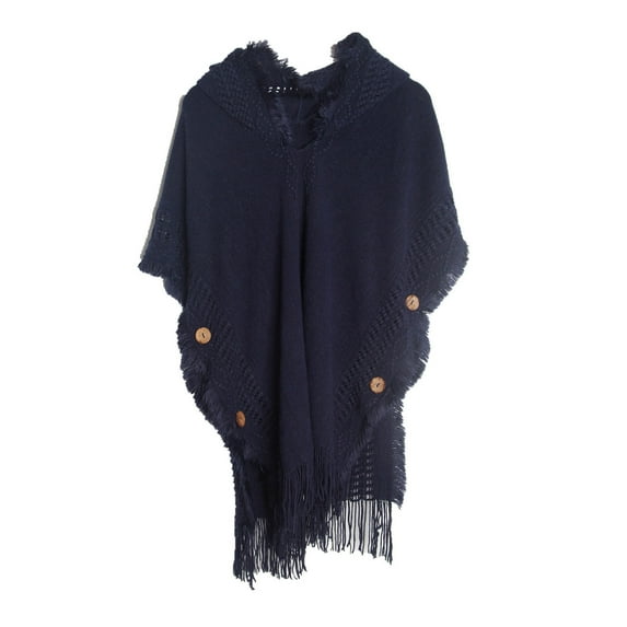 Rohuuque Women's Solid Color Shawl Fashion Fall Winter Plus Size Knitwear Button Hooded Cape Fringe Shawl Wraps Navy
