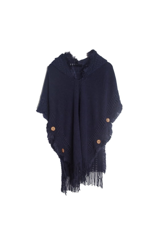 Women's Solid Color Shawl Fashion Fall Winter Plus Size Knitwear Button Hooded Cape Fringe Shawl Wraps Navy