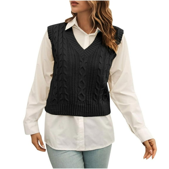 Rohuuque Women's Sweater Vest Casual Cable Knitted Sweater Sleeveless V-neck Sweater Waistcoat Cropped Tank Tops Black