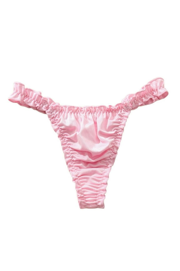 Women's T-Back Thong High Elasticity Monofilament String Underwear with Ruffle Lace Trim Comfort Wear Pink