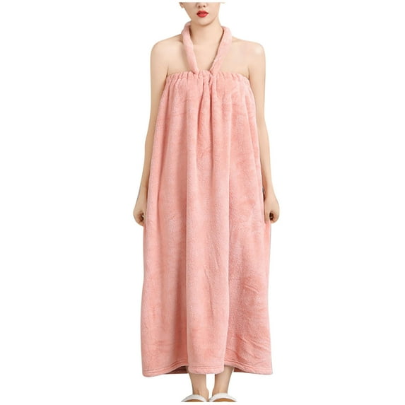 Rohuuque Women's Terry Cloth Robes Halter Neck Style Cotton Terry Absorbent Quick Dry Spa Robes Cover Up Bathrobe Pink