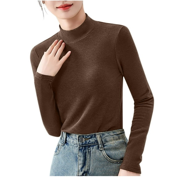 Rohuuque Women's Thermal Shirts Fashion Casual Comfortable Long Sleeve Half Mock Neck T-Shirt Pullover Warm Tops Coffee