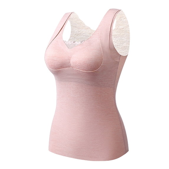 ZQUUVOU Women's Thermal Tank Warm Underwear High Stretch Sleeveless Tank Top Underwear 2-in-1 Built-in Bra Casual Sports Pink