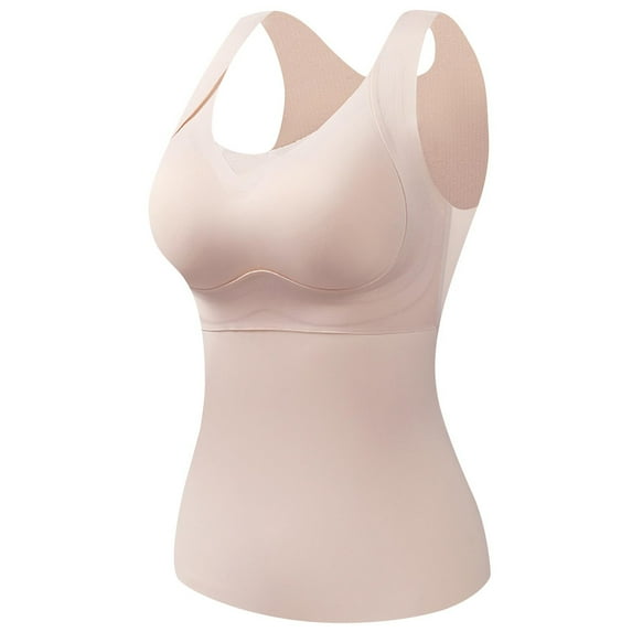 Rohuuque Women's Thermal Underwear with Built-in Bra Solid Color Seamless Thermal Tops Vest for Cold Weather Beige