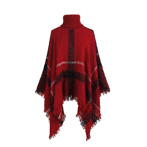 Rohuuque Women's Turtleneck Poncho Sweater Fringe Knit Cape Poncho Boho Knit Cape Pullover Shawl Wrap Dress Ponchos Tassels Red