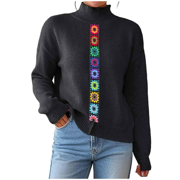 Rohuuque Women's Turtleneck Sweater Embroidered Mock Neck Knit Pullover Long Sleeve Artistic Detail Fall Winter Fashion Tops Black