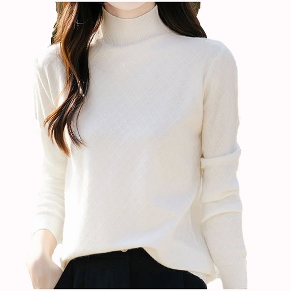 Rohuuque Women's Turtleneck Sweater Fashion Casual Crew Neck Pullover Solid Color Loose Base Knitted Sweater Tops Beige