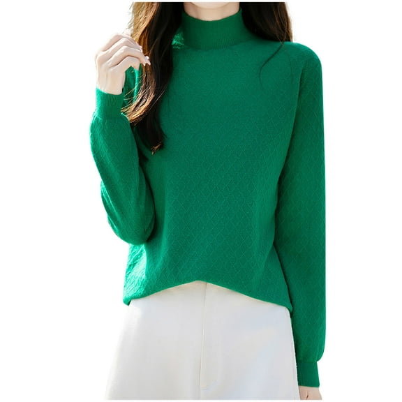 Rohuuque Women's Turtleneck Sweater Fashion Casual Crew Neck Pullover Solid Color Loose Base Knitted Sweater Tops Green