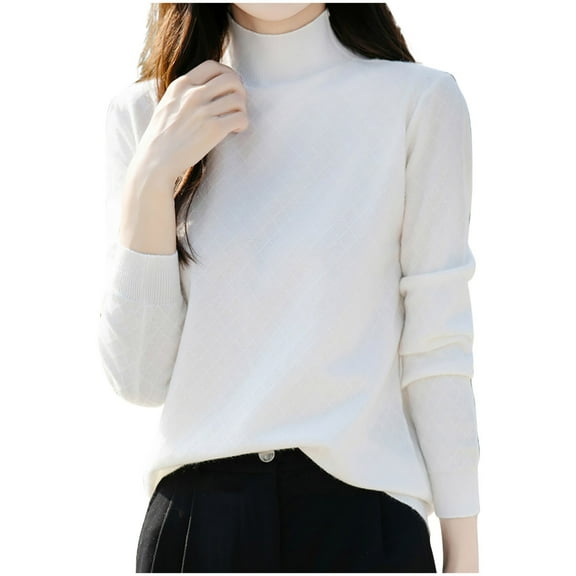 Rohuuque Women's Turtleneck Sweater Fashion Casual Crew Neck Pullover Solid Color Loose Base Knitted Sweater Tops White