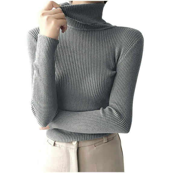 Rohuuque Women's Turtleneck Sweater Long Sleeved Base Layer Unerwear Sweater Solid Color Silm Pullover Knitted Sweater Gray
