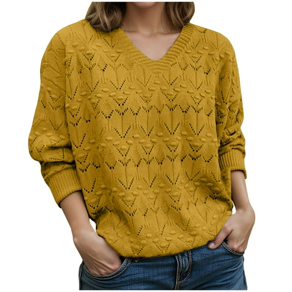 Rohuuque Women's V Neck Pullover Sweater Lightweight Fall Trendy Knitted Sweater Hollow-out Long Sleeve Casual Tops Yellow