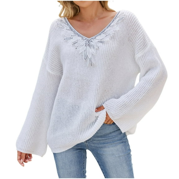 Rohuuque Women's V Neck Sweater Color Block Pullover Knit Sweater Long Sleeve Loose Comfort Trendy Casual Tops White