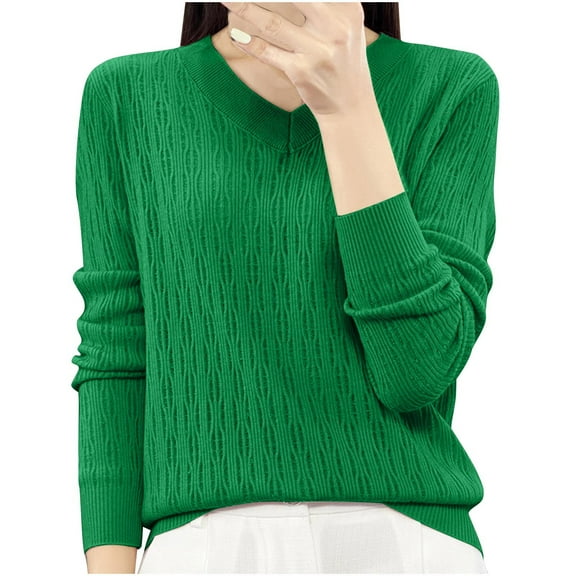 ZQUUVOU Women's V Neck Sweater Fall Lightweight Knitted Sweater Cozy Trendy Comfortable Shirts Solid Color Basic Layer Green
