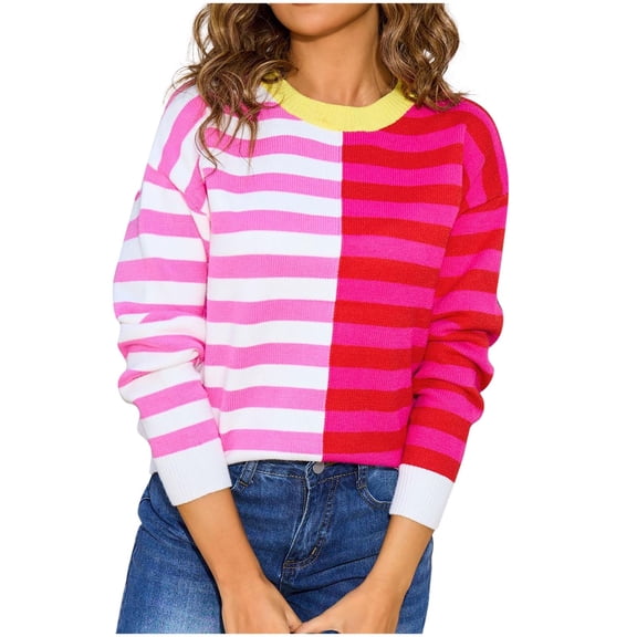 ZQUUVOU Women's Vintage Striped Sweater Color Block Stripe Crew Neck Knit Sweater Long Sleeve Fashion Pullover Hot Pink