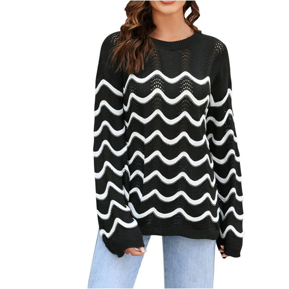 ZQUUVOU Women's Vintage Sweater Herringbone Striped Sweatshirts Comfortable Long Sleeve Crew Neck Sweater Tops Black