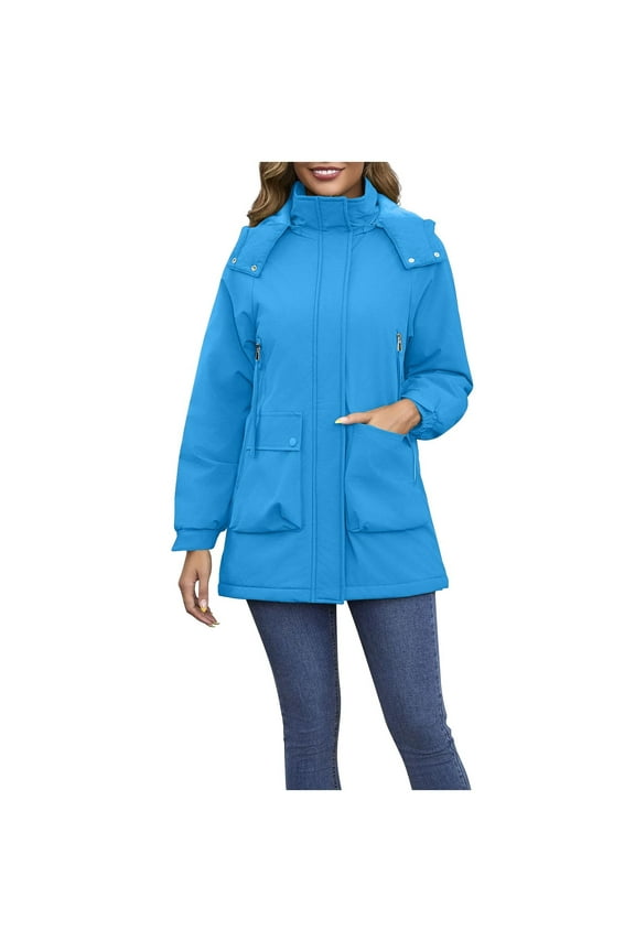 Women's Waterproof Rain Parka Winter Thicken Jacket Coat with Removable Hood Zipper Solid Color Warm Windbreaker with Pocket Blue