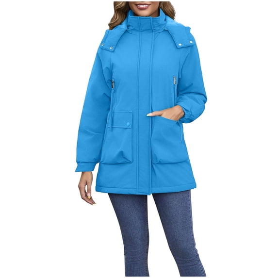 ZQUUVOU Women's Waterproof Rain Parka Winter Thicken Jacket Coat with Removable Hood Zipper Solid Color Warm Windbreaker with Pocket Blue