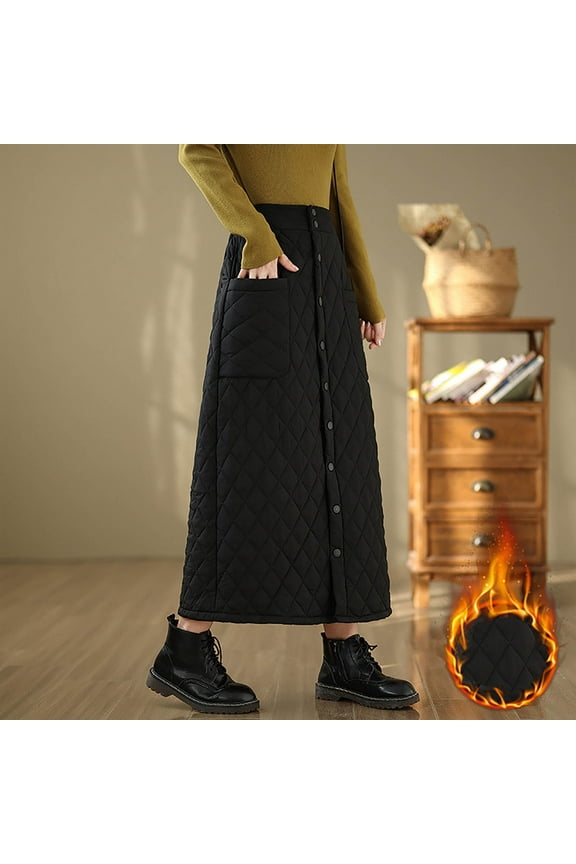 Women's Winter Down Skirt Thermal Insulated Warm Button Down Padded Puffer Plus Size Solid Quilted Skirt with Pockets Black A