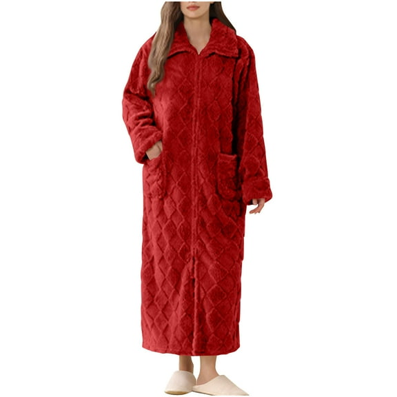ZQUUVOU Women's Winter Nightgown Long Sleeve Thick Ankle Length Plush Lined Warm Comfortable Sleepwear Home Lounge Dress Burgundy