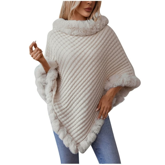 Rohuuque Women's Winter Poncho Cape Thermal Fleece Lined Trendy Coverup Solid Tone Knit Poncho Irregular Wrap Outerwear Beige