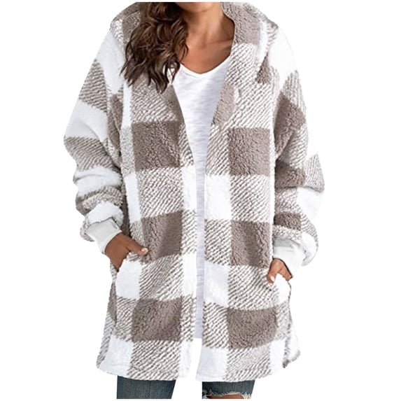 Rohuuque Women's Zip Up Hoodies Plaid Sherpa Fleece Warm Coat with Pockets Mid Length Warm Winter Jacket Oversized for Cold Weather Khaki