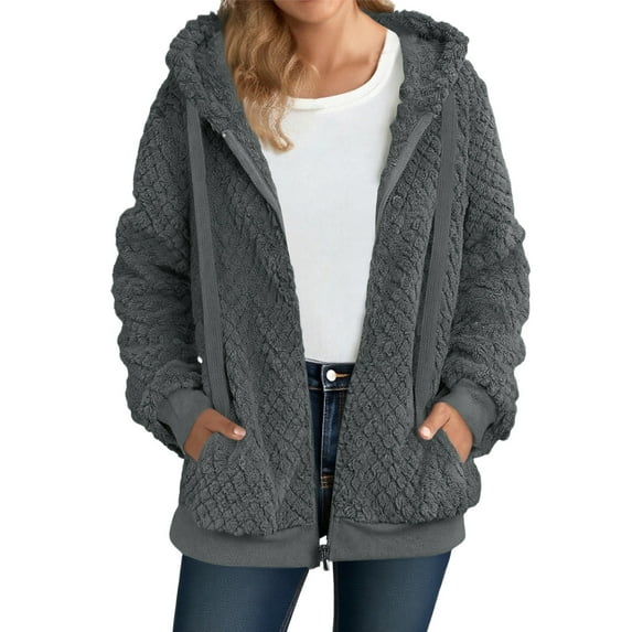 Rohuuque Women's Zip Up Hoodies Quilted Fleece Hooded Jacket Long Sleeve Sherpa Lined Sweatshirt Fall Winter Coat with Pockets Dark Gray